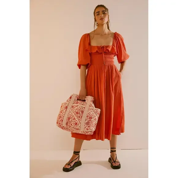 Free People | Dresses | Free People Oasis Smocked Ruffle Midi Dress Red  Mango Womens Size Medium | Poshmark